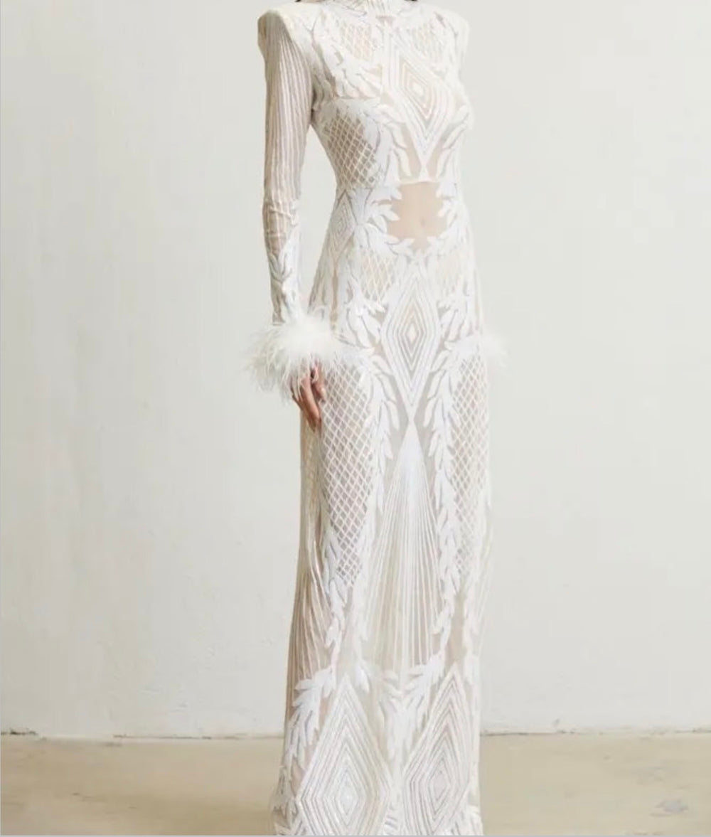 Embroidered Feather-Cuff Dress