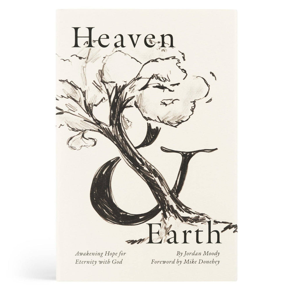 Book cover of 'Heaven & Earth' with a tree and moon illustration on a white background
