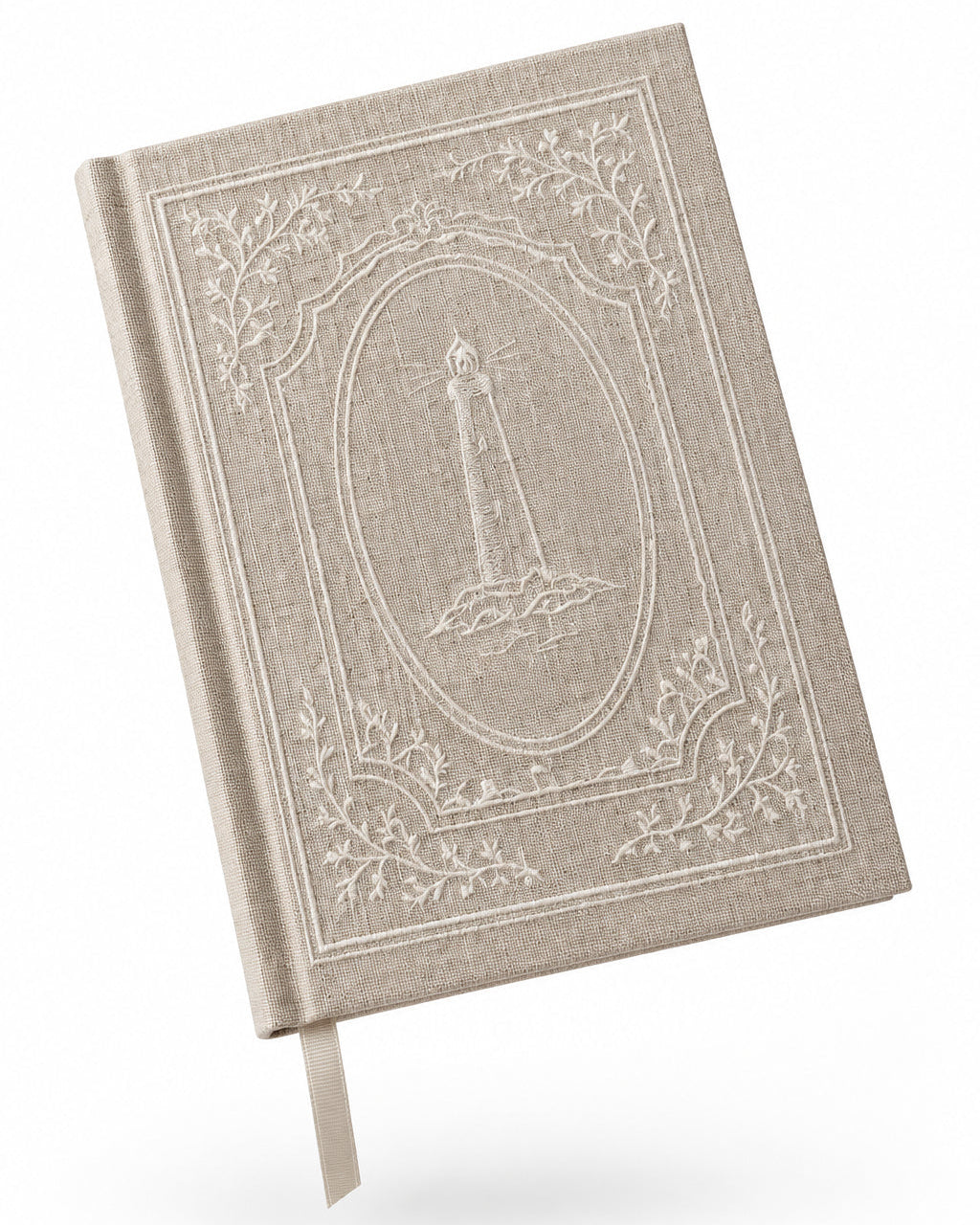 A hand holding a hardcover journal with a beige linen cover and white embossed decorative border and lighthouse design, against a solid gray background.
